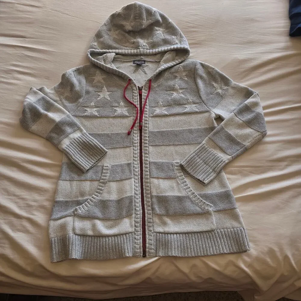 Eddie Bauer Sweater Womens Large 100% cotton grey stars Zip American Flag hoodie - Picture 1 of 8